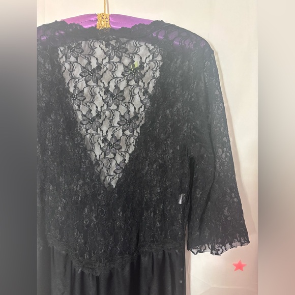 Black Lace Satin Whimsigoth Maxi Length Open Front Bowtie 3/4 Sleeve Robe Size M - Picture 4 of 14